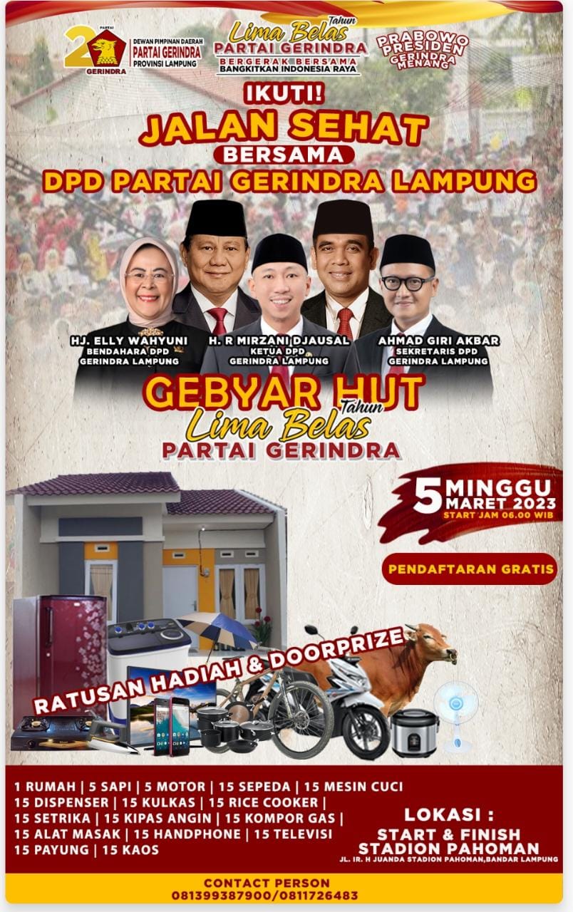Lampung 5 Maret, Jalan Sehat HUT ke-15 Gerindra Banjir Hadiah Serba 15