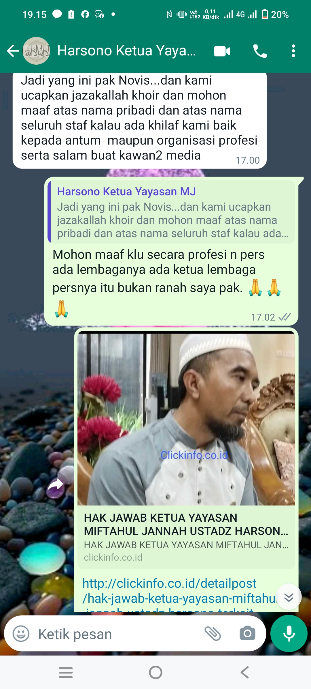 Ustad Harsono Atas nama Pribadi dan Staf Meminta Maaf Melalui Wapri Kepada Novis Telah Menghalangi Kerja Wartawan