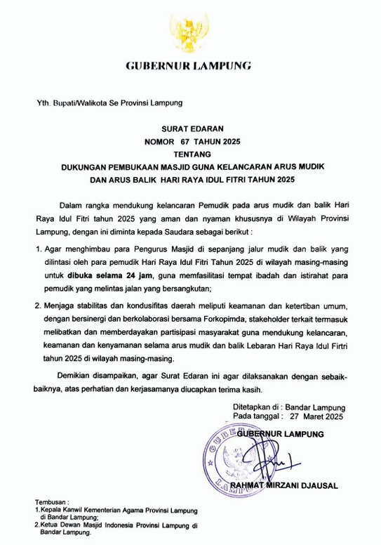 Arus Balik, Gubernur Lampung Minta Masjid di Jalur Mudik Buka 24 Jam