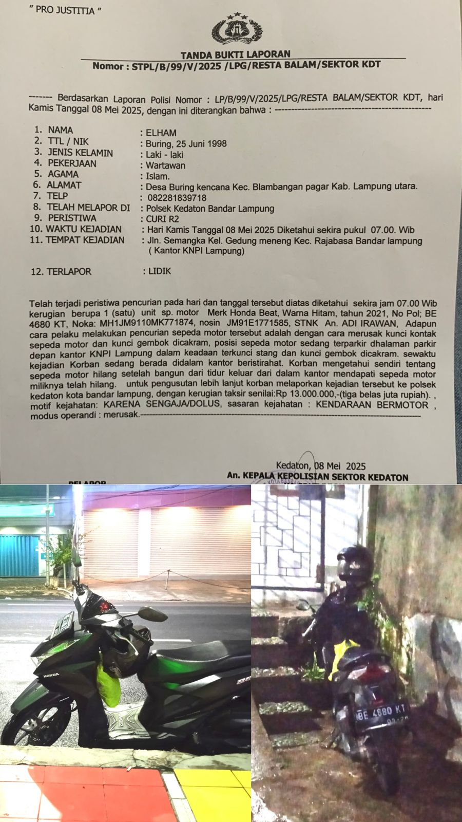 Wakil Sekretaris Wartawan IWO Lampung Jadi Korban Curanmor di Kantor KNPI
