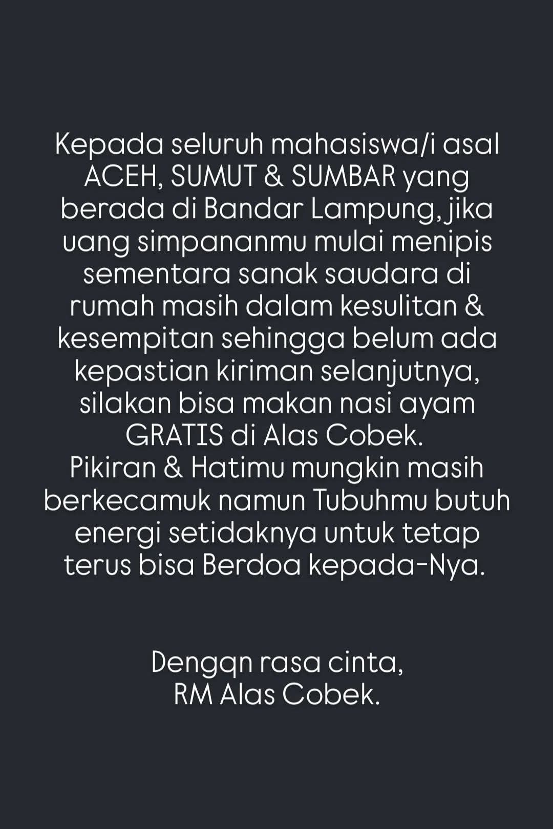 Aksi Peduli RM Alas Cobek: Mahasiswa Aceh, Sumut, dan Sumbar Dapat Makan Gratis