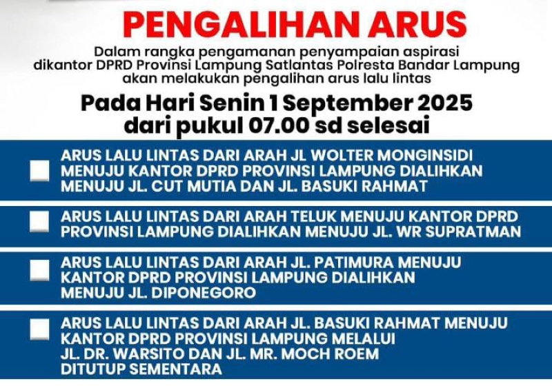 Besok! Sat Lantas Polresta Bandar Lampung Lakukan Pengalihan Arus, Antisipasi Aksi di Lampung