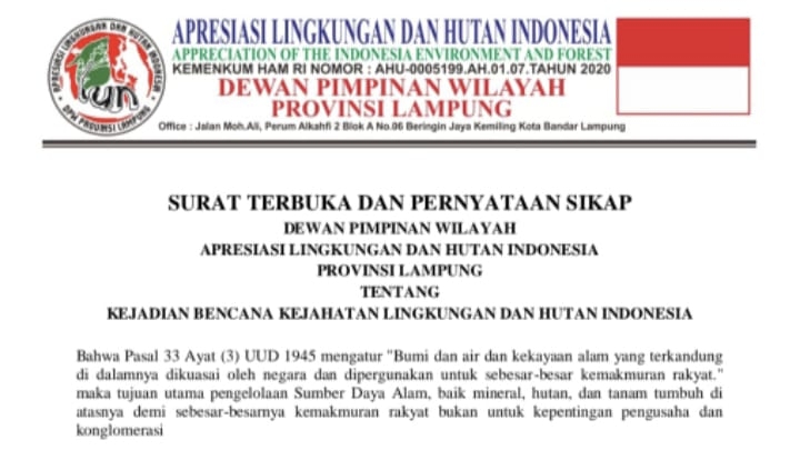 ALUN Lampung Tuntut Audit Hutan Nasional dan Pengadilan Khusus Kejahatan Lingkungan